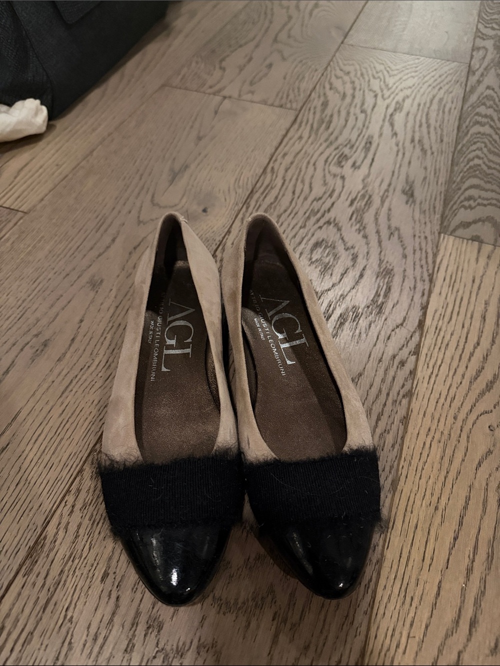 AGL Beige Suede Flats with Black Patent Cap and Black Trim